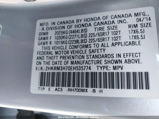2HKRM3H70EH535774 Honda Cr-v Ex-l