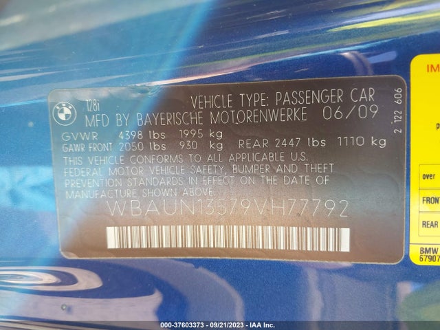 2009 BMW 1 SERIES 128I VIN: WBAUN13579VH77792