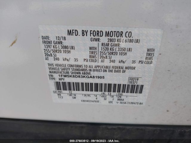 1FM5K8D83KGA81905 Ford EXPLORER XLT