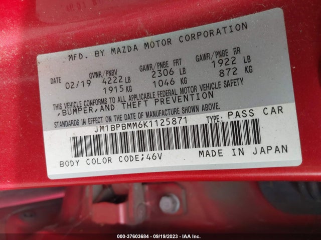 2019 MAZDA MAZDA3 HATCHBACK W/PREFERRED PKG VIN: JM1BPBMM6K1125871