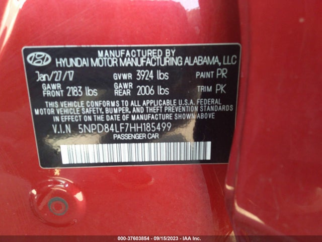 2017 HYUNDAI ELANTRA SE VIN: 5NPD84LF7HH185499