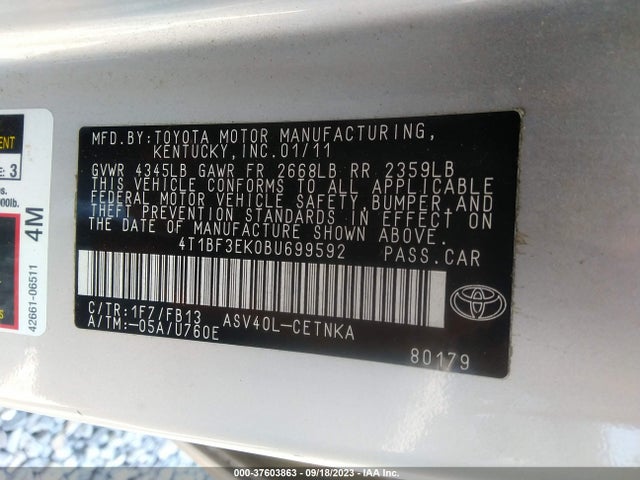 2011 TOYOTA CAMRY VIN: 4T1BF3EK0BU699592