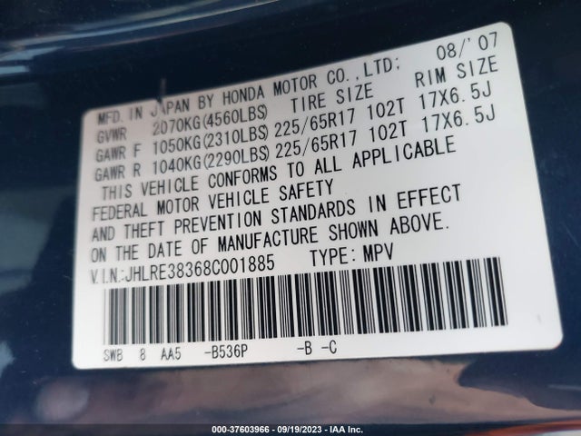 2008 HONDA CR-V LX VIN: JHLRE38368C001885