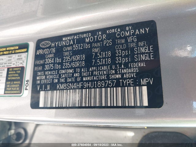 Hyundai Santa Fe Se 2017 KM8SN4HF9HU189757 Image 9