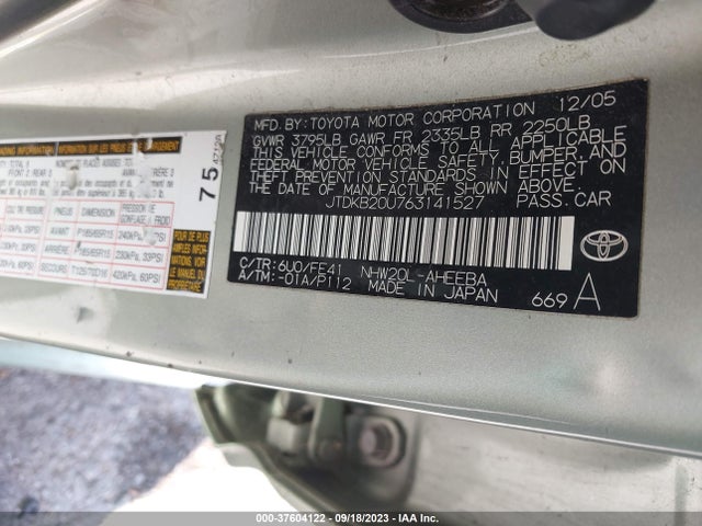 2006 TOYOTA PRIUS VIN: JTDKB20U763141527