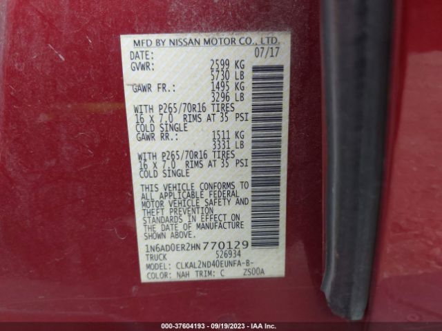 1N6AD0ER2HN770129 Nissan Frontier Sv V6