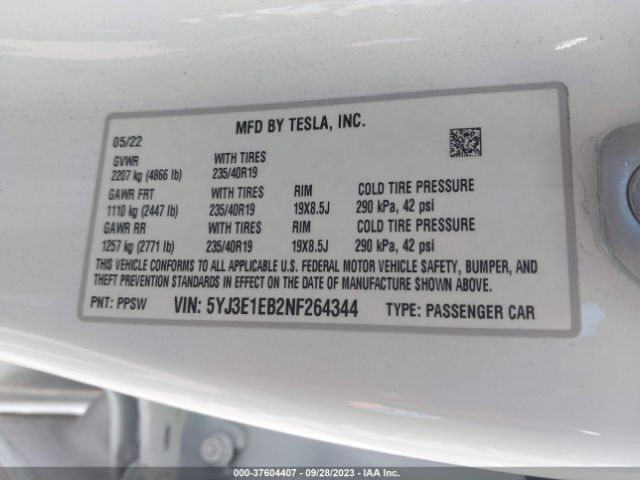 5YJ3E1EB2NF264344 Tesla Model 3 Long Range