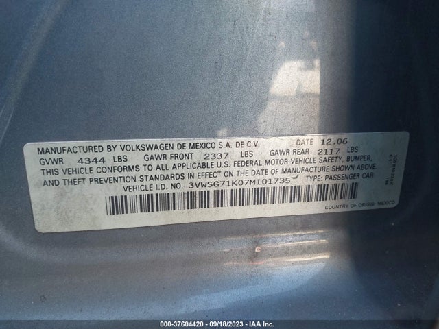 2007 VOLKSWAGEN JETTA SEDAN 2.5 VIN: 3VWSG71K07M101735