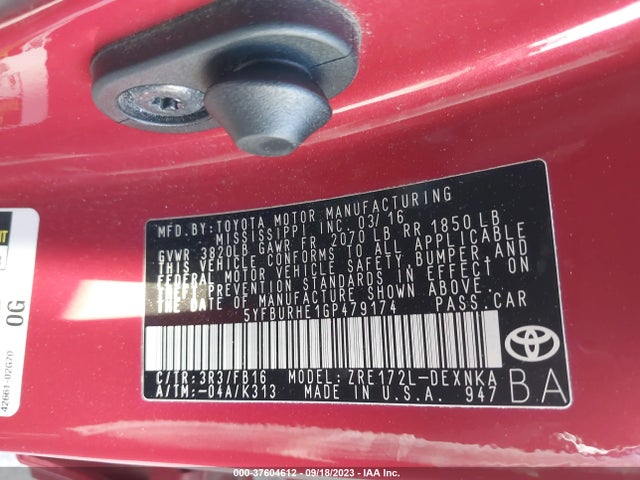 Toyota Corolla L/le/s/s Plus/le Plus 2016 5YFBURHE1GP479174 Image 9