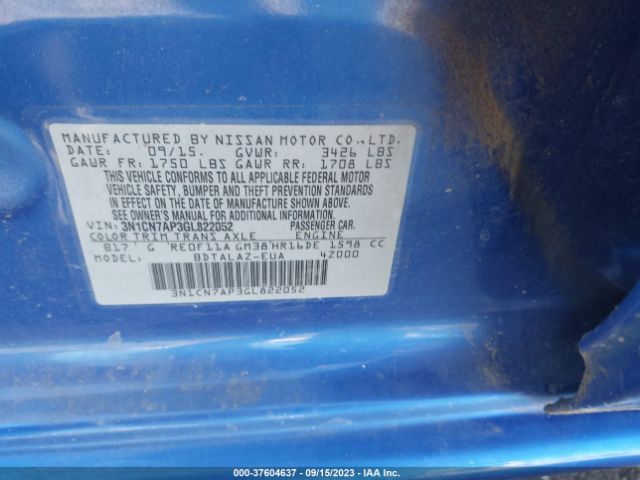 3N1CN7AP3GL822052 Nissan Versa S Plus