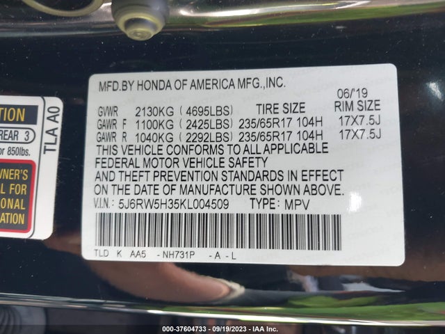 Honda CR-V LX 2019 5J6RW5H35KL004509 Image 9