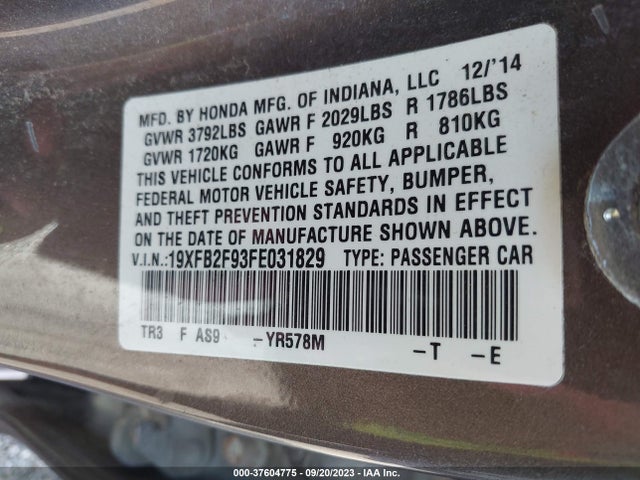 Honda Civic Sedan Ex-l 2015 19XFB2F93FE031829 Image 9