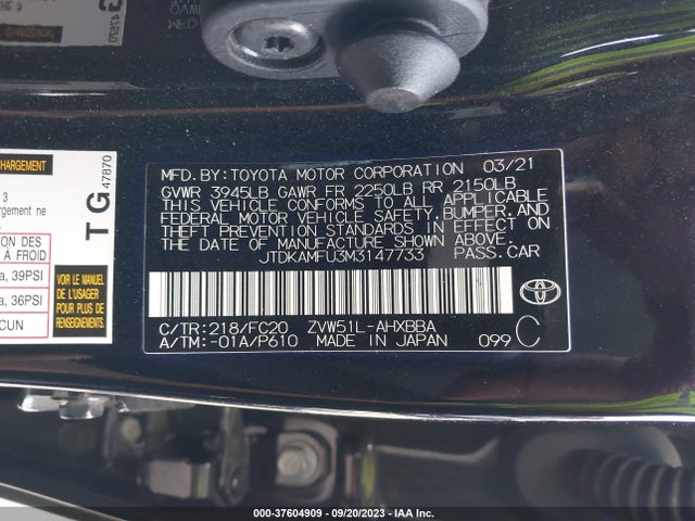 Toyota Prius L 2021 JTDKAMFU3M3147733 Image 9