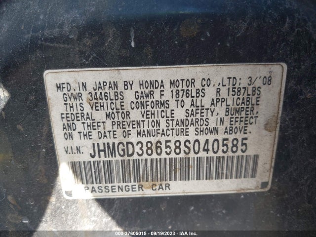 2008 HONDA FIT SPORT VIN: JHMGD38658S040585