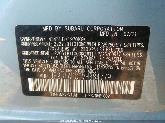 2021 SUBARU CROSSTREK PREMIUM VIN: JF2GTAPC5MH384779