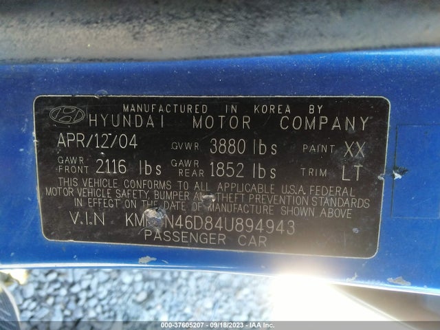 2004 HYUNDAI ELANTRA GLS/GT VIN: KMHDN46D84U894943