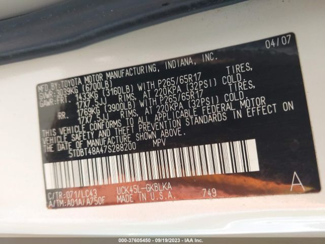 2007 TOYOTA SEQUOIA 5TDBT48A47S288200 Photo 8