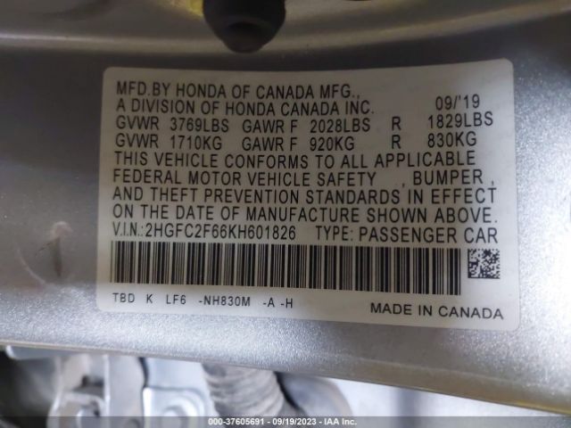 2HGFC2F66KH601826 Honda Civic Sedan Lx