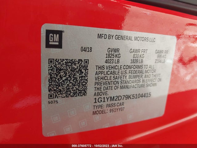 Chevrolet Corvette Stingray Z51 2019 1G1YM2D79K5104415 Image 9
