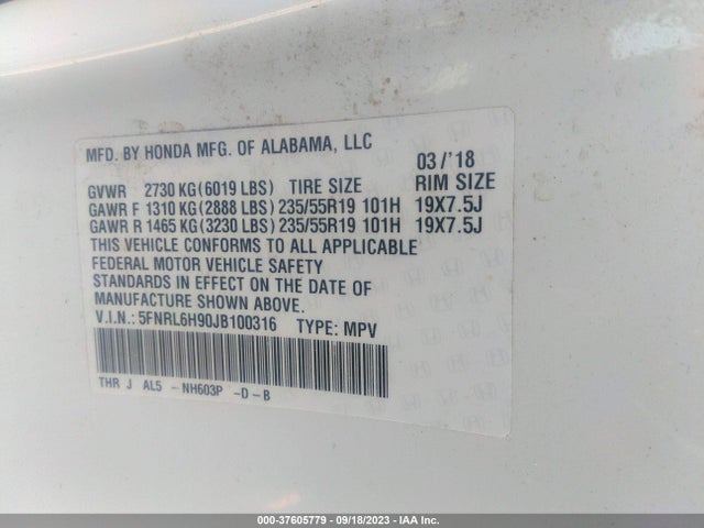 Honda Odyssey Elite 2018 5FNRL6H90JB100316 Image 9