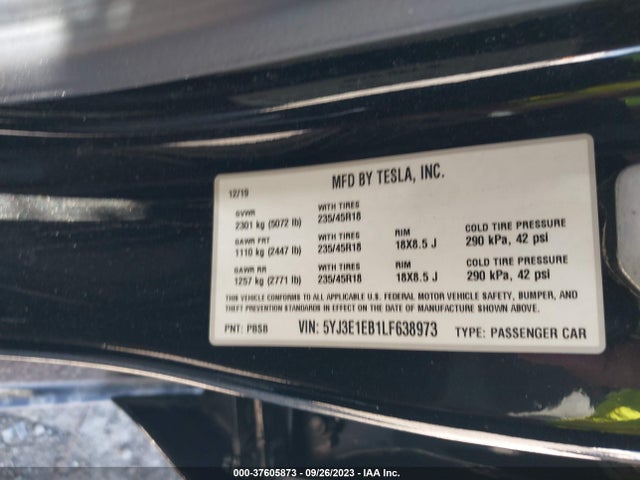 2020 TESLA MODEL 3 LONG RANGE VIN: 5YJ3E1EB1LF638973
