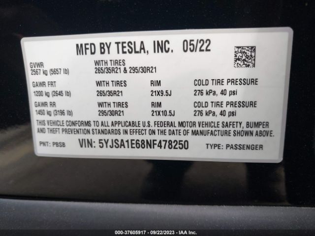 2022 TESLA MODEL S 5YJSA1E68NF478250 Photo 8