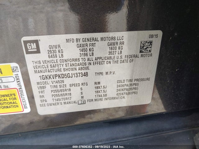 GMC ACADIA SLE 2016 1GKKVPKD5GJ137348 Image 9