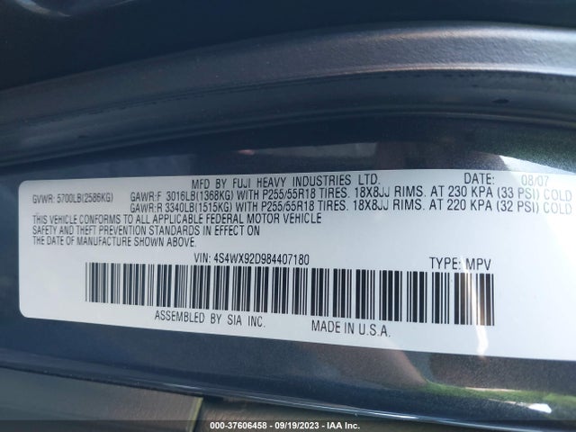 2008 SUBARU TRIBECA 5-PASS LTD VIN: 4S4WX92D984407180