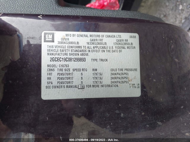 2008 CHEVROLET SILVERADO 1500 LT W/1LT VIN: 2GCEC19C081299893