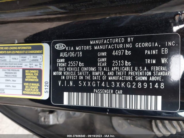 2019 KIA OPTIMA LX VIN: 5XXGT4L3XKG289148