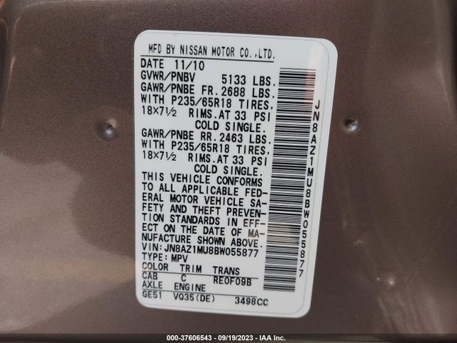 2011 NISSAN MURANO S VIN: JN8AZ1MU8BW055877