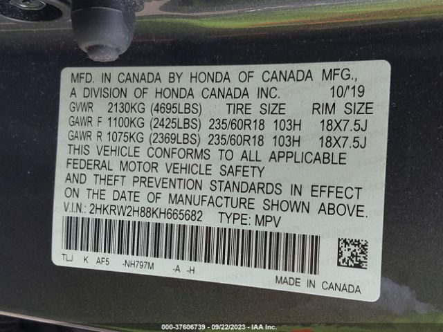2HKRW2H88KH665682 Honda Cr-v Ex-l