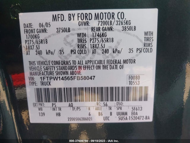 2005 FORD F-150 XLT/FX4/LARIAT/KING RANCH VIN: 1FTPW14565FB58047