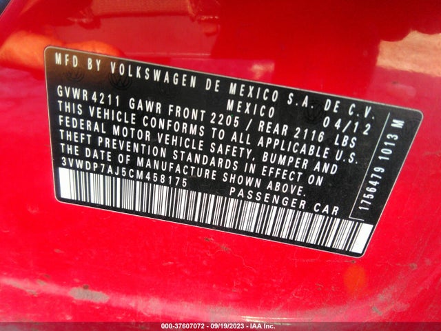 2012 VOLKSWAGEN JETTA SEDAN SE W/CONVENIENCE PZEV VIN: 3VWDP7AJ5CM458175