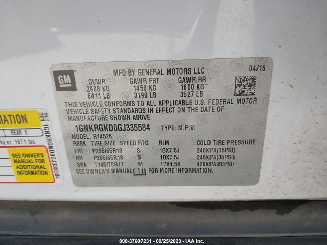 Chevrolet Traverse Lt 2016 1GNKRGKD0GJ335584 Image 9