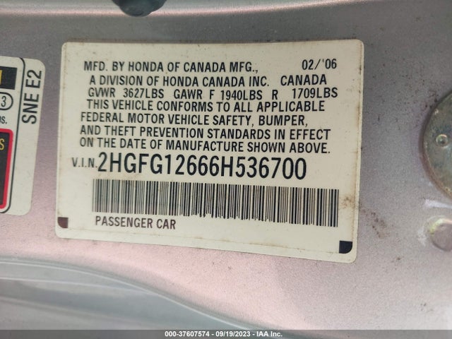 2006 HONDA CIVIC CPE LX VIN: 2HGFG12666H536700