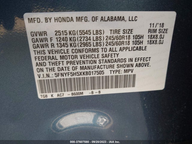 Honda Pilot Ex-l 2019 5FNYF5H5XKB017505 Image 9