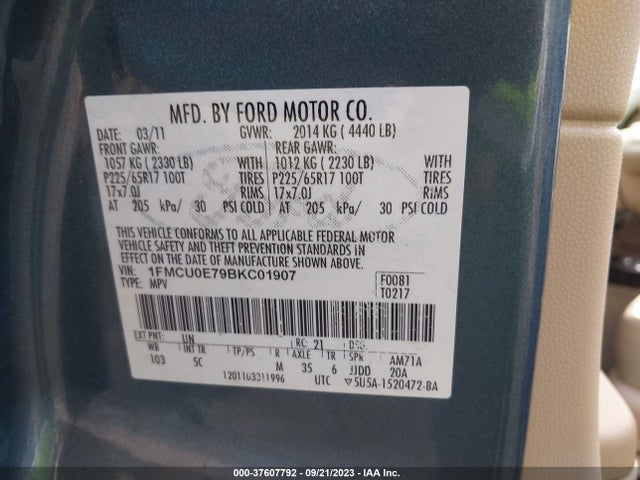 2011 FORD ESCAPE LIMITED VIN: 1FMCU0E79BKC01907