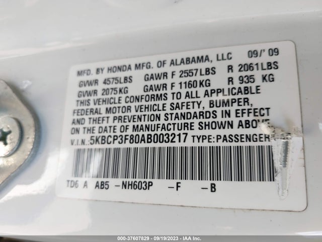 2010 HONDA ACCORD SDN EX-L VIN: 5KBCP3F80AB003217