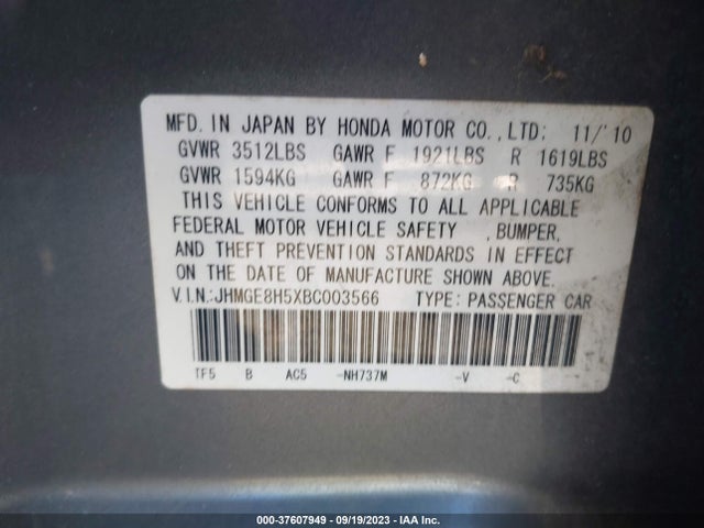 2011 HONDA FIT SPORT VIN: JHMGE8H5XBC003566