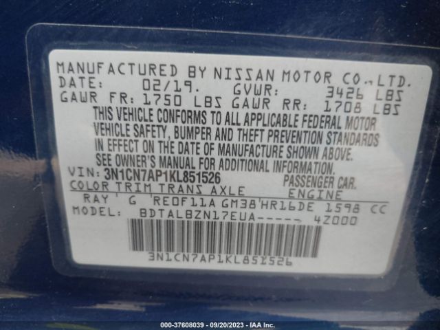 3N1CN7AP1KL851526 Nissan Versa Sedan Sv