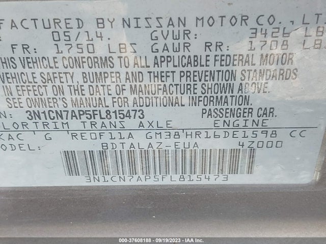Nissan VERSA 2015 3N1CN7AP5FL815473 Image 9