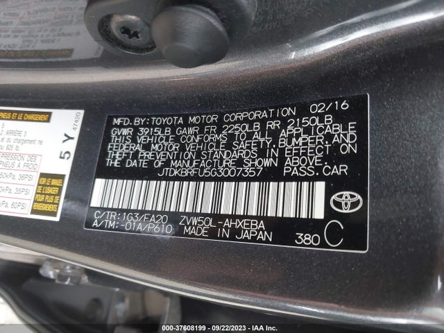 Toyota Prius Two 2016 JTDKBRFU5G3007357 Image 9