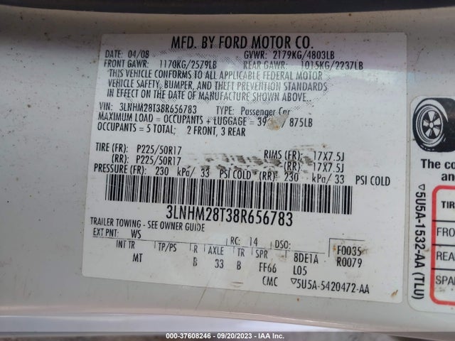 2008 LINCOLN MKZ VIN: 3LNHM28T38R656783