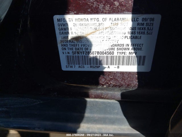 2007 HONDA PILOT EX-L VIN: 5FNYF28507B004560