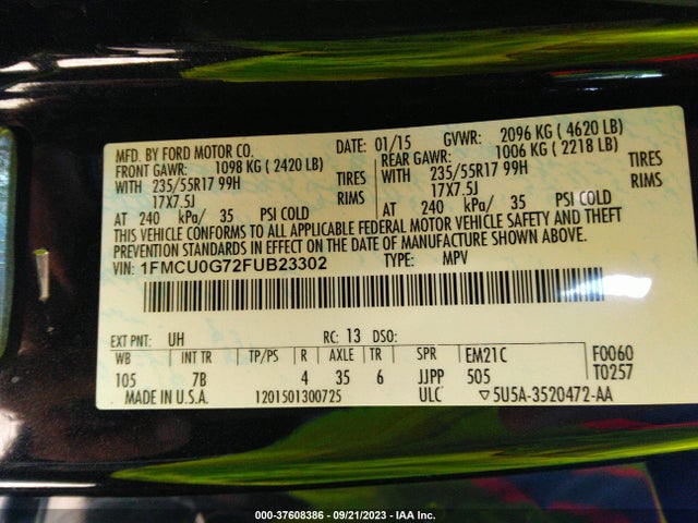Ford ESCAPE SE 2015 1FMCU0G72FUB23302 Image 9