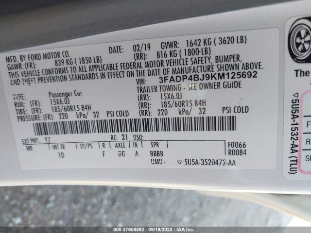 2019 FORD FIESTA SE VIN: 3FADP4BJ9KM125692