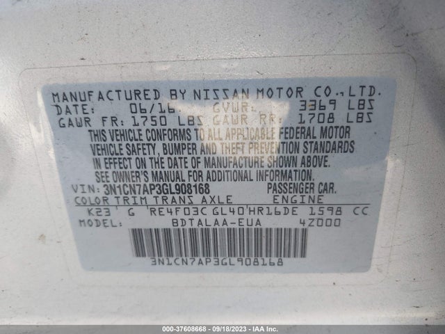 Nissan VERSA S 2016 3N1CN7AP3GL908168 Image 9