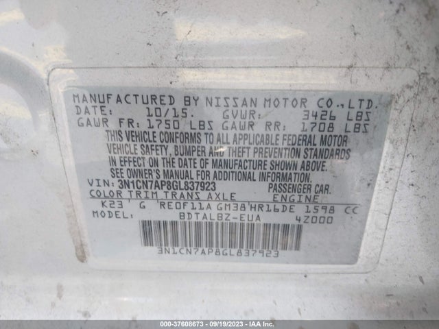 2016 NISSAN VERSA SV VIN: 3N1CN7AP8GL837923