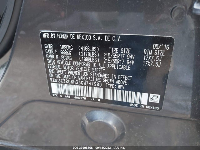 37608866 :رقم المزاد ، 3CZRU6H33GM747980 vin ، 2016 Honda Hr-v Lx مزاد بيع